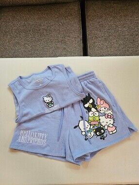 Hello Kitty Sanrio Two Piece Blue Ribbed Top and Shorts Set Size Small